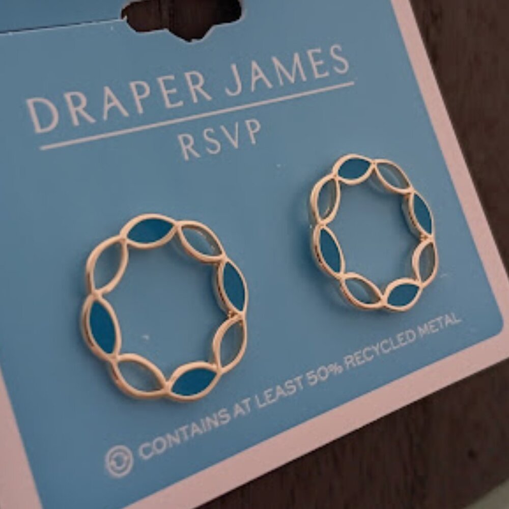 DRAPER JAMES Mod/Contemporary Gold Blue Enamel Open Circle Stud Earrings**NEW! - Picture 2 of 2